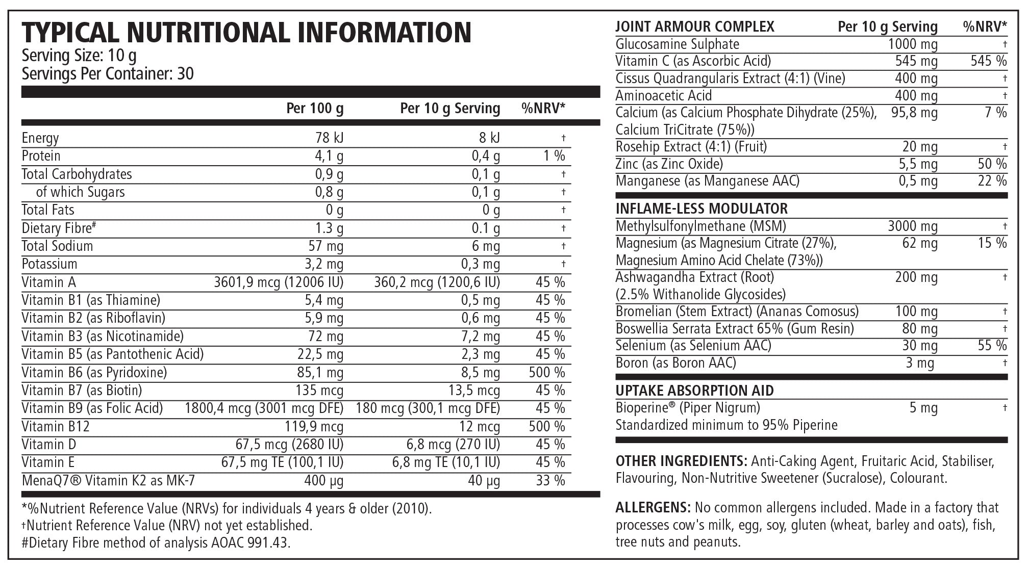 TNT Mercury Hinge Joint Armour V2 300g - Nutritional Information