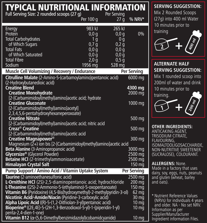 TNT Mercury Intense Pump 540g - Nutritional Information