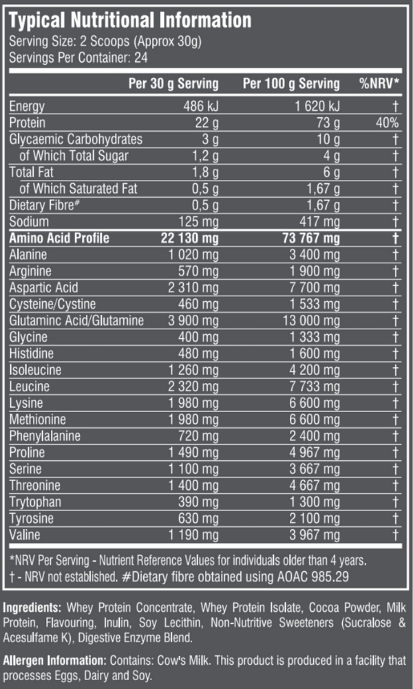 Heavy Nation Whey Protein 720g - Nutritional Information