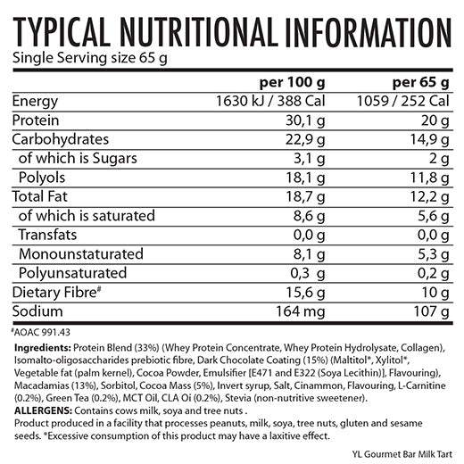 Youthful Living Gourmet Protein Bar 65g - Nutritional Information