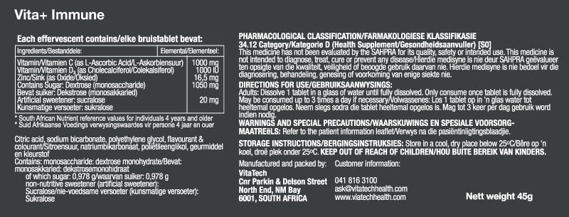 Vitatech Immune Vita+ Effervescent 10 Tablets - Nutritional Information