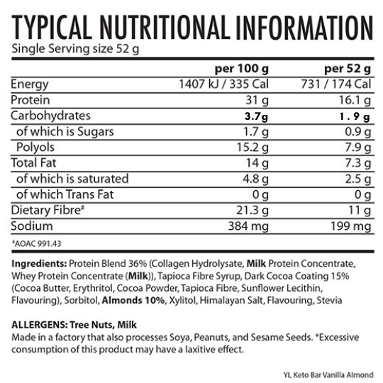 Youthful Living Keto Collagen Bar 52g - Nutritional Information