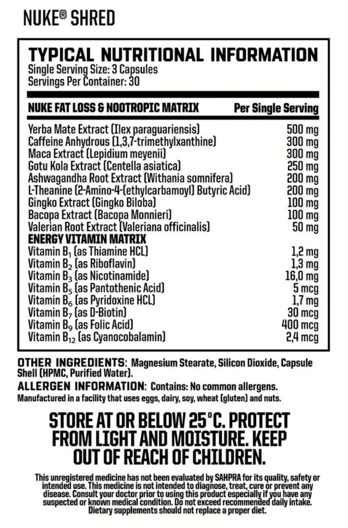 Nutritech Nuke Shred 90 Caps - Nutritional Information