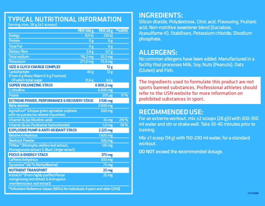 USN XTS Pump N.O. 560g - Nutritional Information