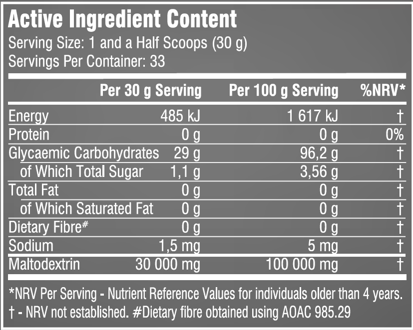 SSA Supplements Maltodextrin 1kg - Nutritional Information