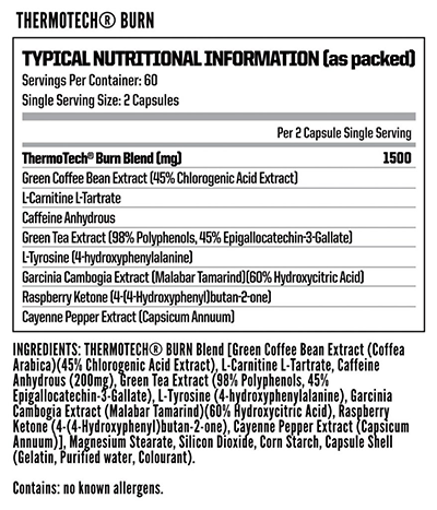 Nutritech Thermotech Burn 120 Caps - Nutritional Information