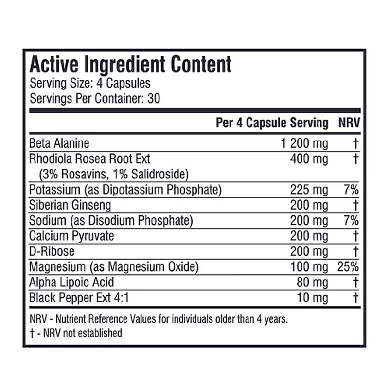 SSA Supplements VO2 Max Boost 120 Caps - Nutritional Information