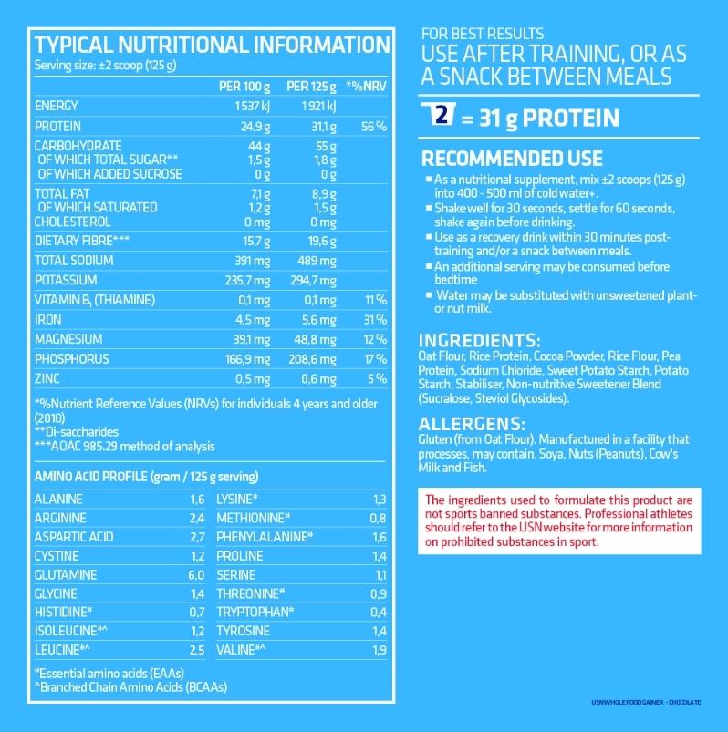 USN Wholefood Gainer 2.5kg - Nutritional Information