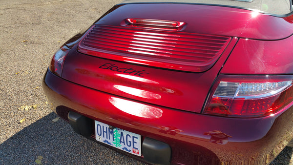 Porsche 911 996 trunk deck painted with "Electric" in Porsche font, converted by SHIFT EV