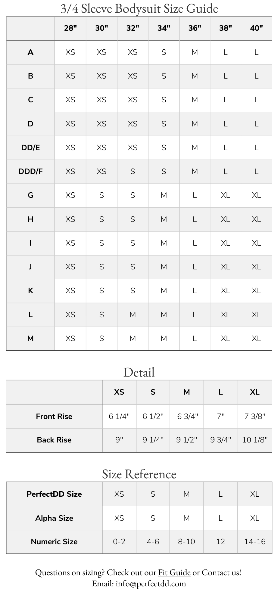 Bodysuit Size Chart