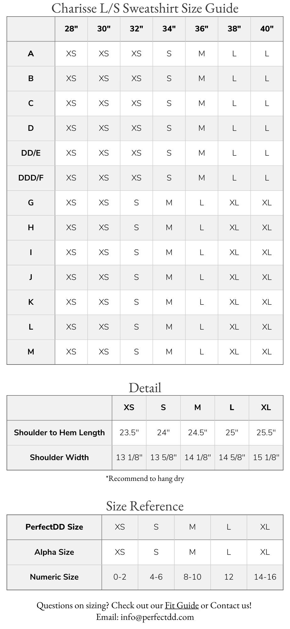 Charisse Sweatshirt Size Chart