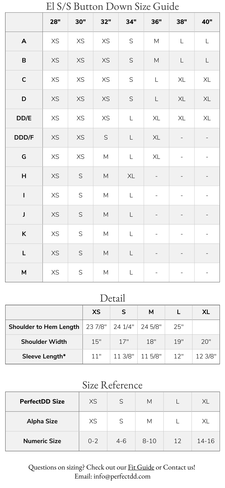 El Short Sleeve Button Down Size Chart