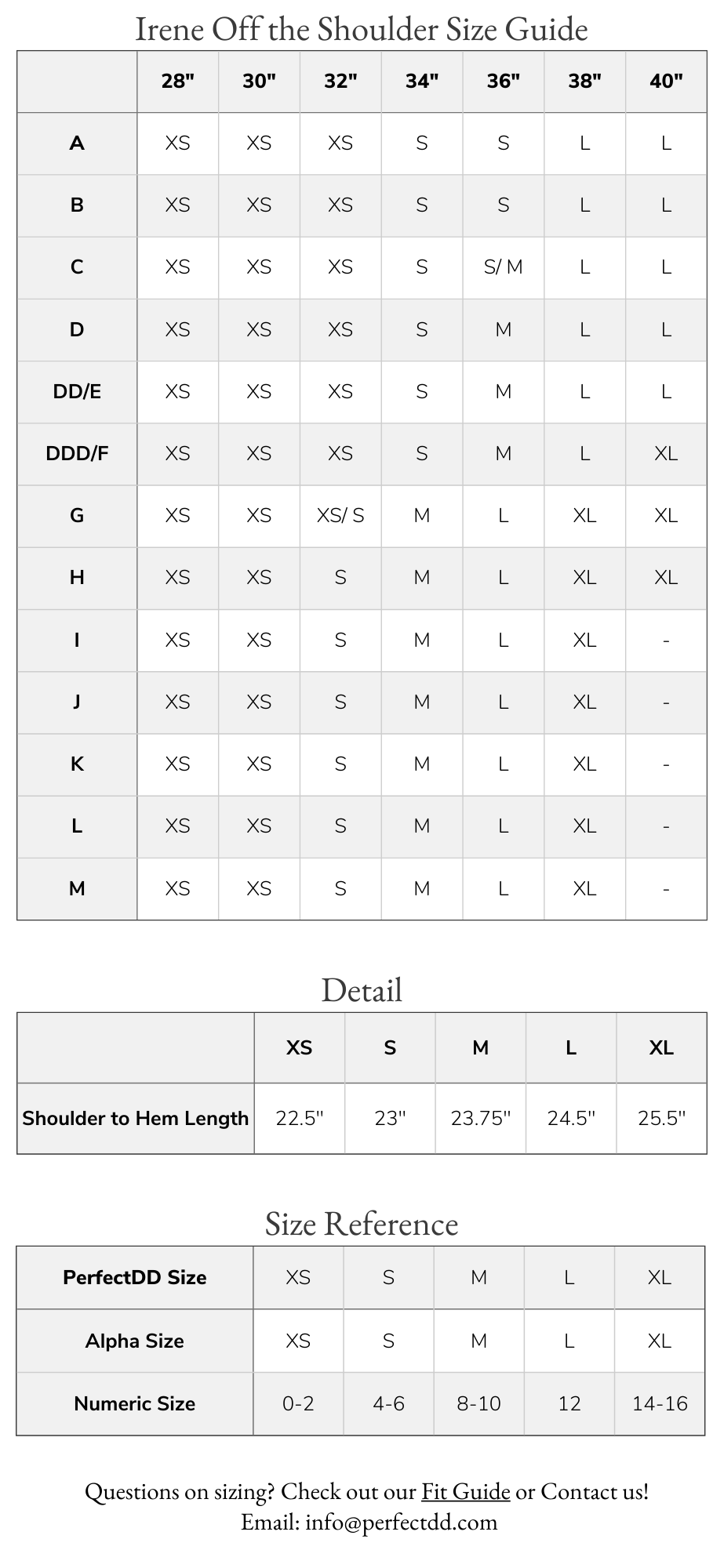 Irene Off the Shoulder Sweatshirt Size Chart