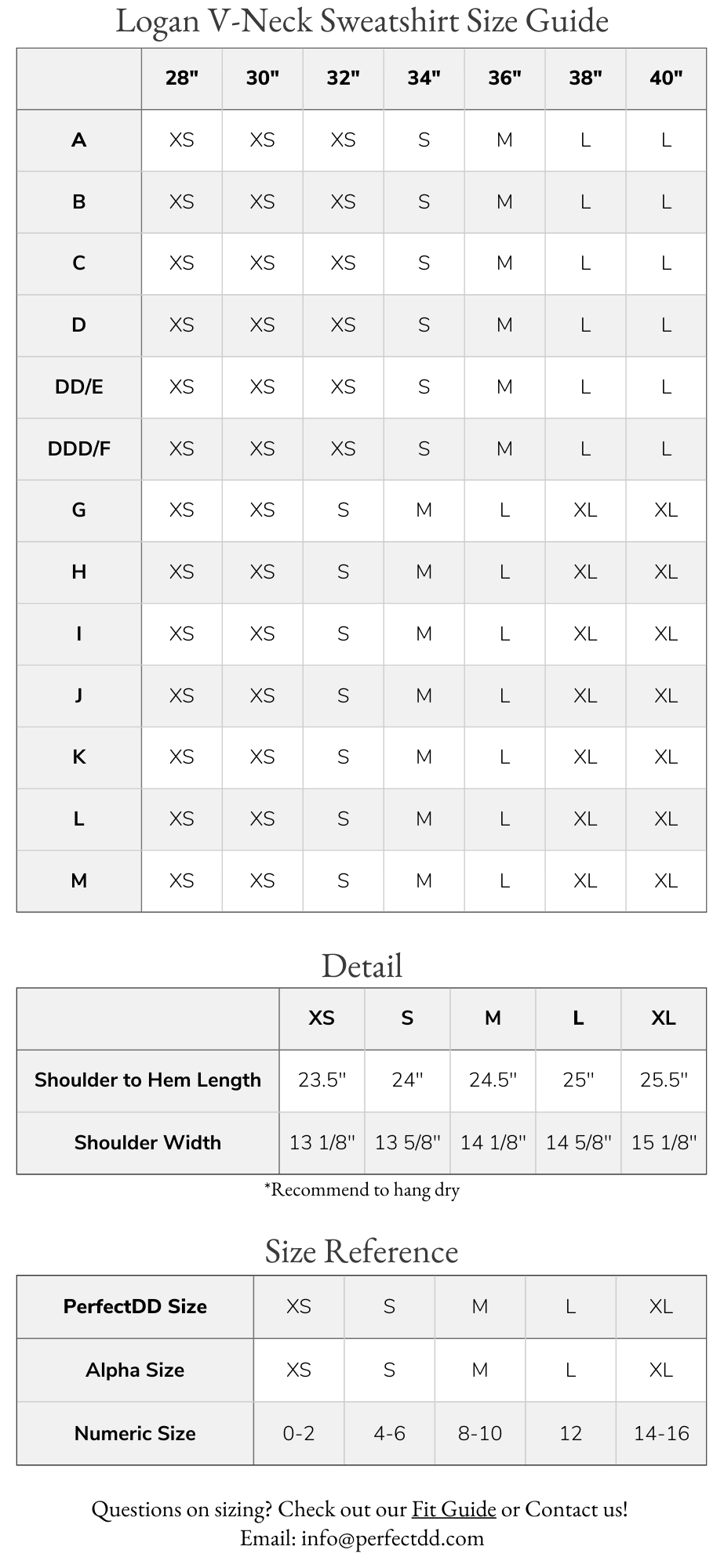 Logan V-neck Short Sleeve Sweatshirt Size Chart