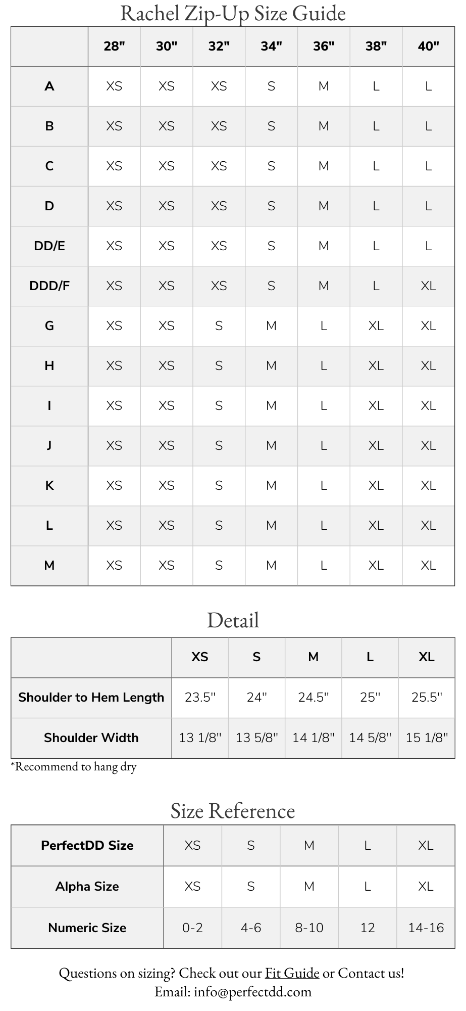 Rachel Zip Sweatshirt Size Chart