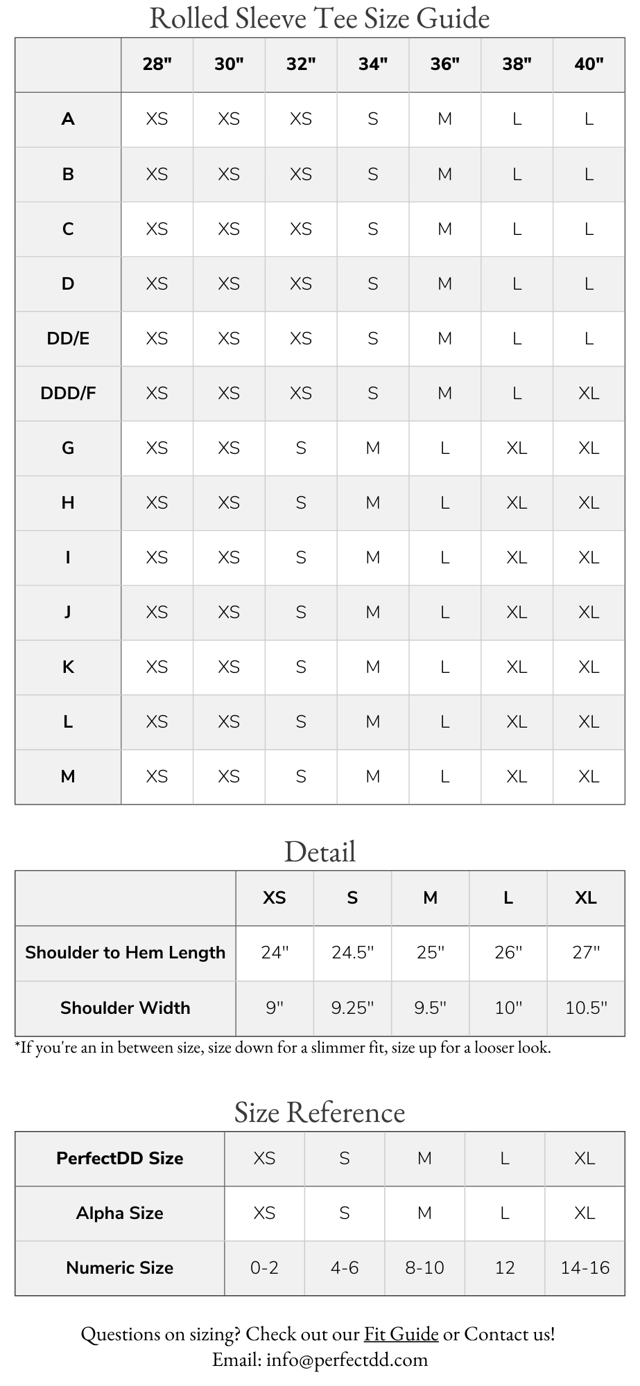 Rolled Sleeve Tee Size Chart