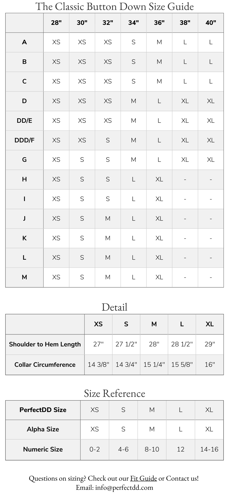 Classic Button Down Size Chart