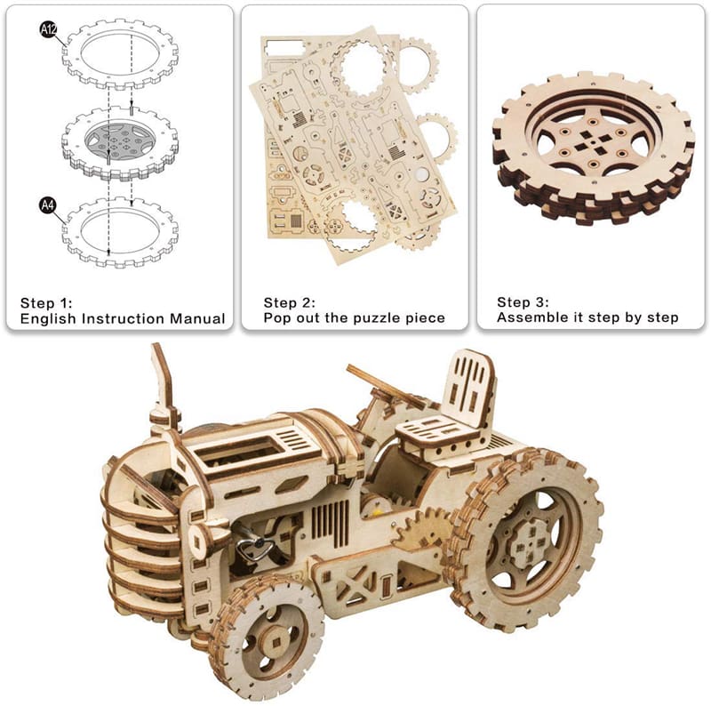 KingPuzzles Movable DIY Tractor Wooden Model LK401