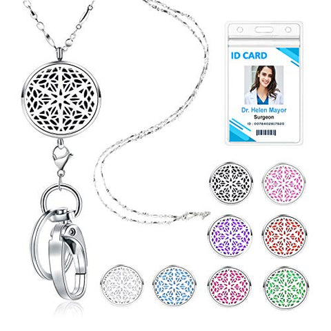 TONY & SANDY Lanyard Necklace Diffuser Aromatherapy Stainless Steel Beaded Chain Necklace Silver for ID Badge Holder and Keys Non Breakaway Essential Oil Pendant for Women (Sunburst)