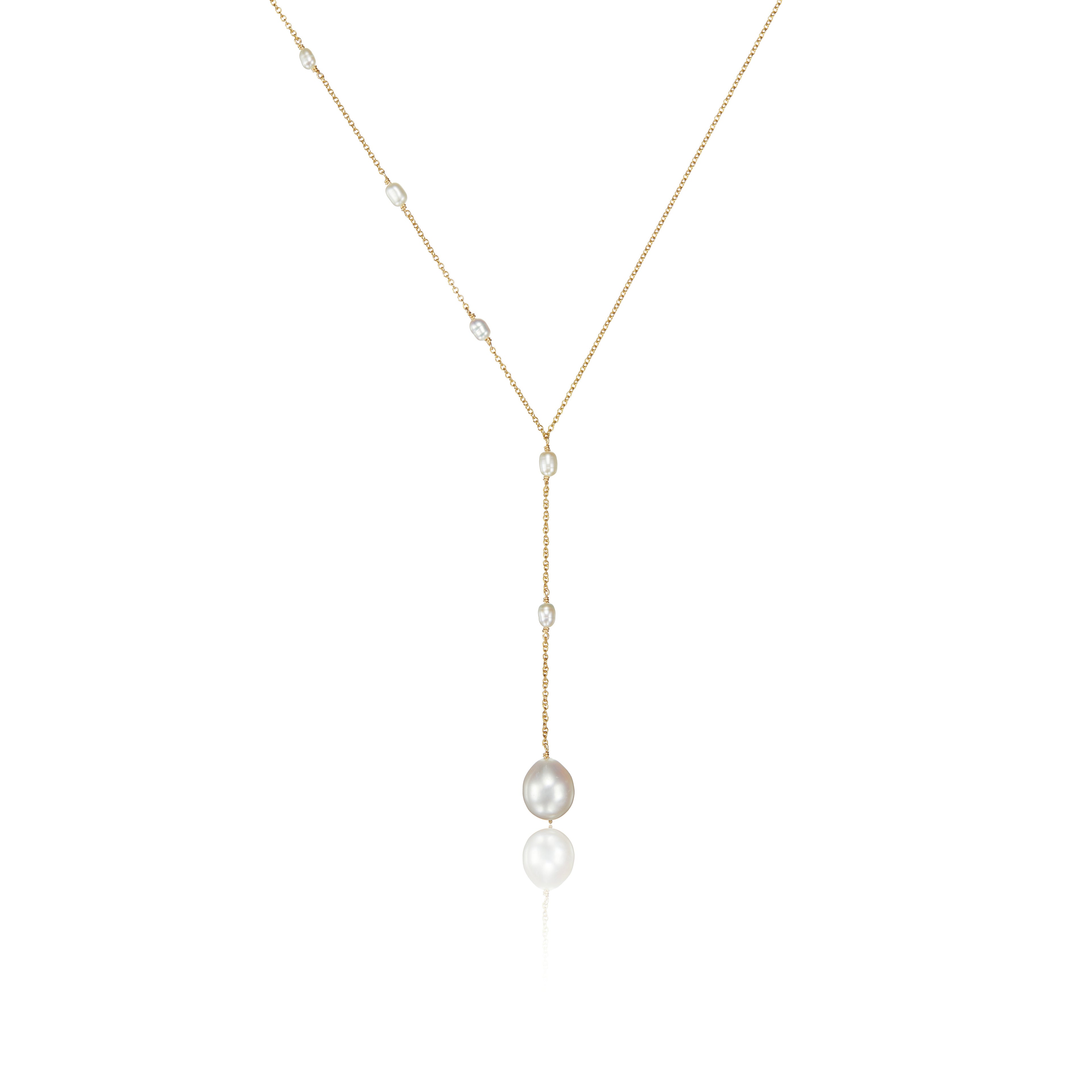 Gold Seed Pearl Lariat Necklace