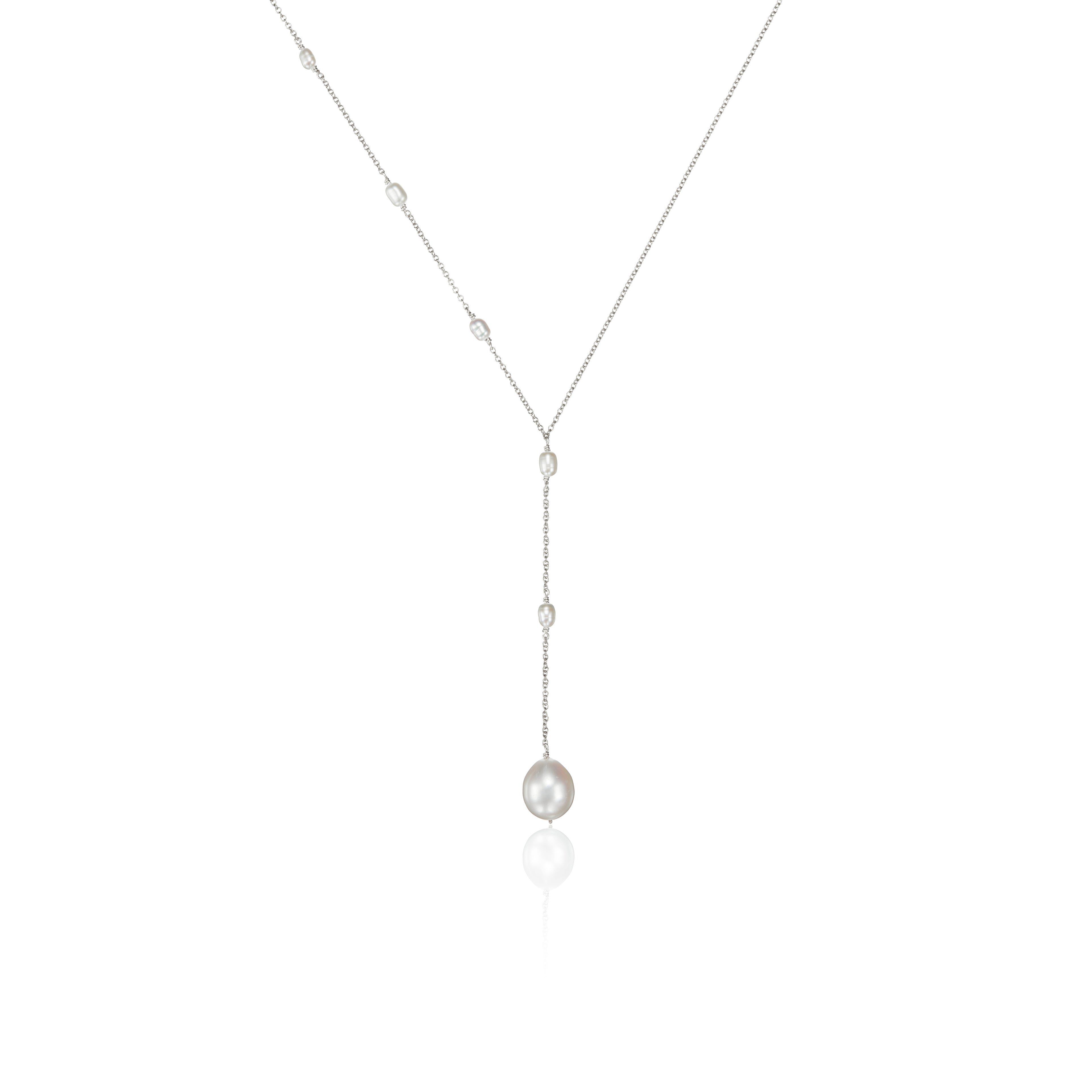 Solid White Gold Seed Pearl Lariat Necklace