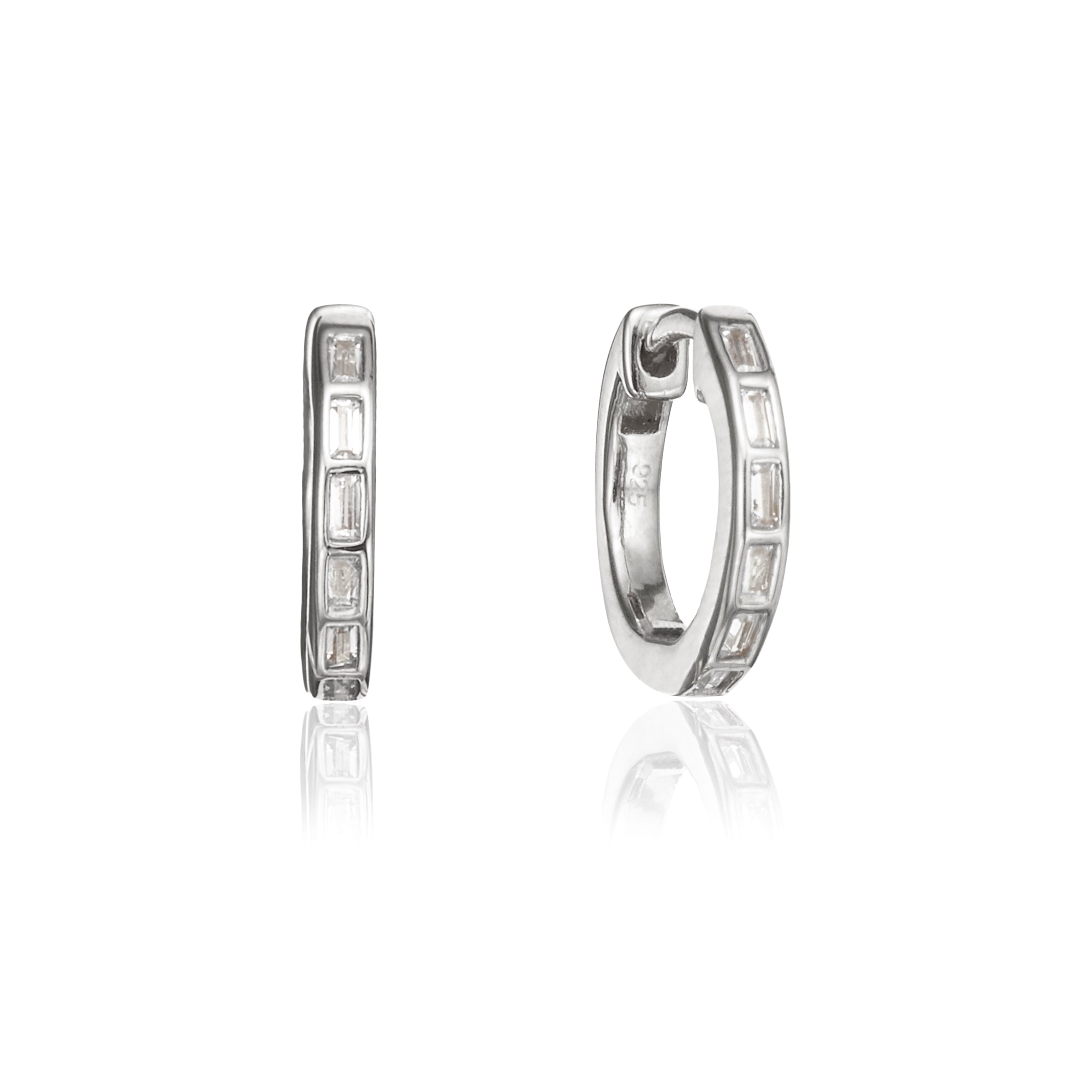 Silver Diamond Style Baguette Medium Hoop Earrings