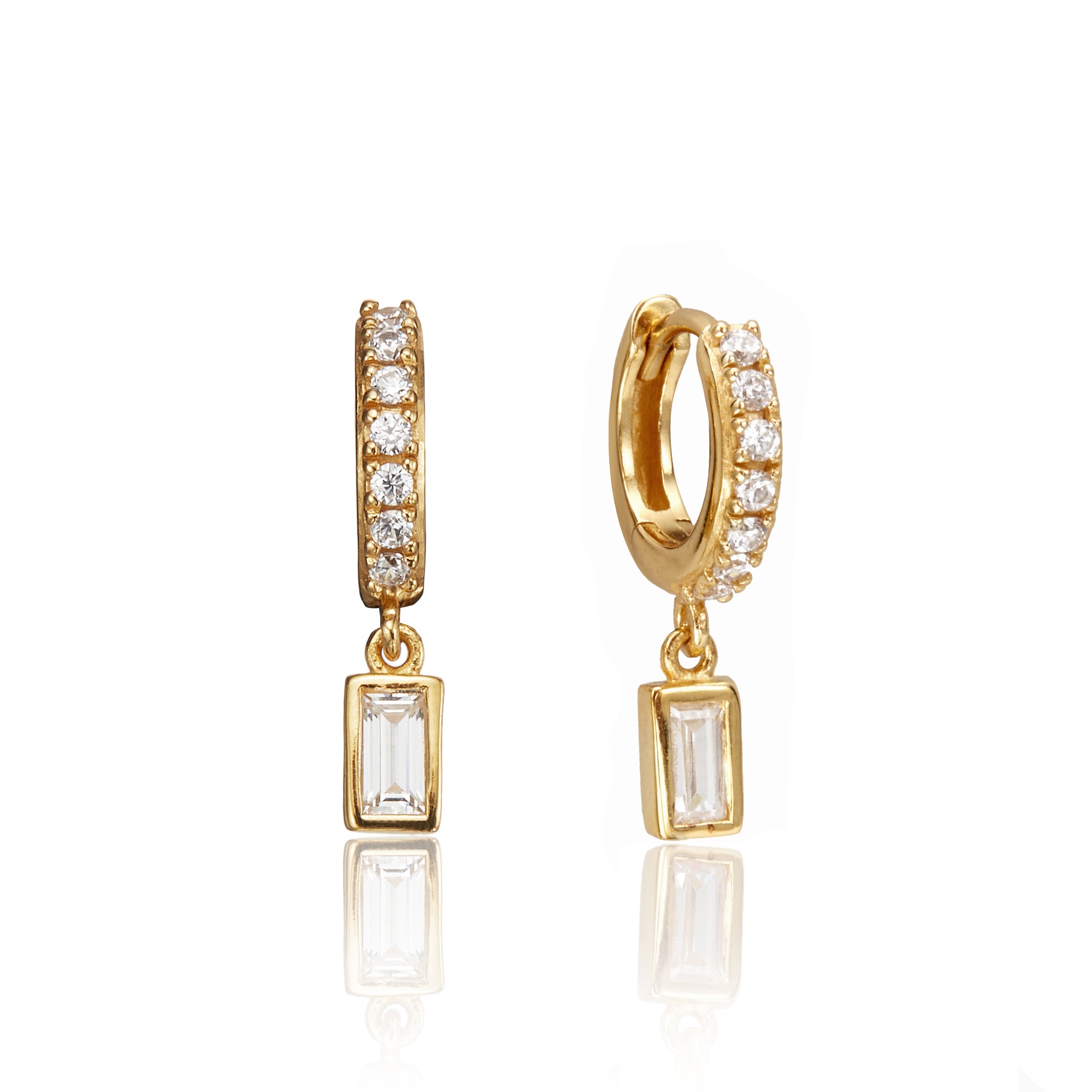 Gold Diamond Style Baguette Drop Huggie Hoop Earrings