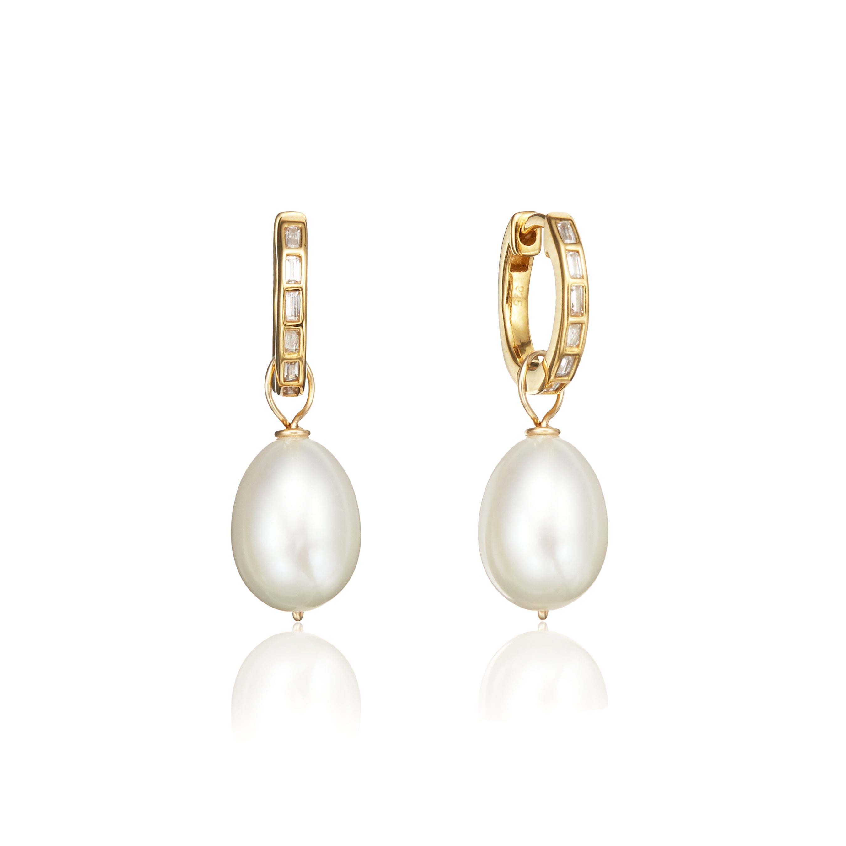 Gold Diamond Style Baguette Pearl Drop Hoop Earrings