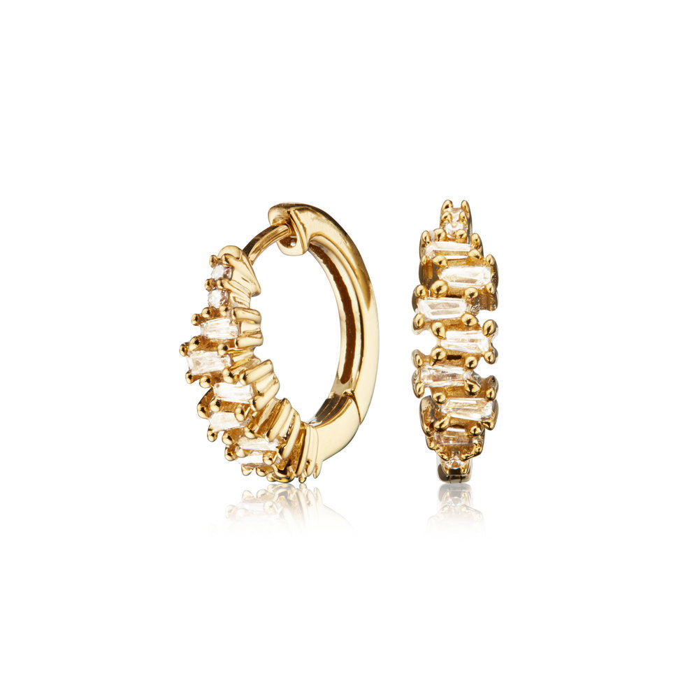 Gold Diamond Style Stacked Baguette Huggie Hoop Earrings
