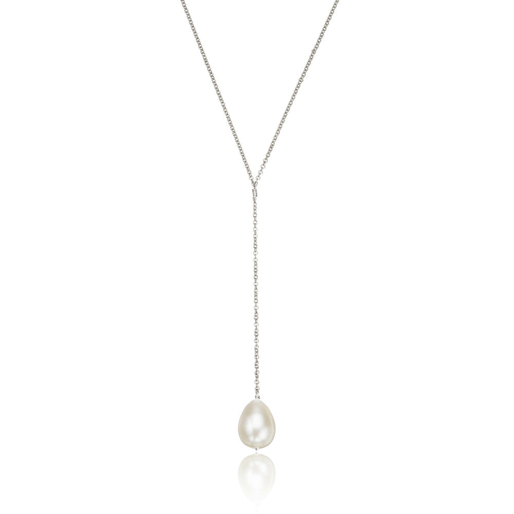 Silver Large Pearl Lariat Necklace