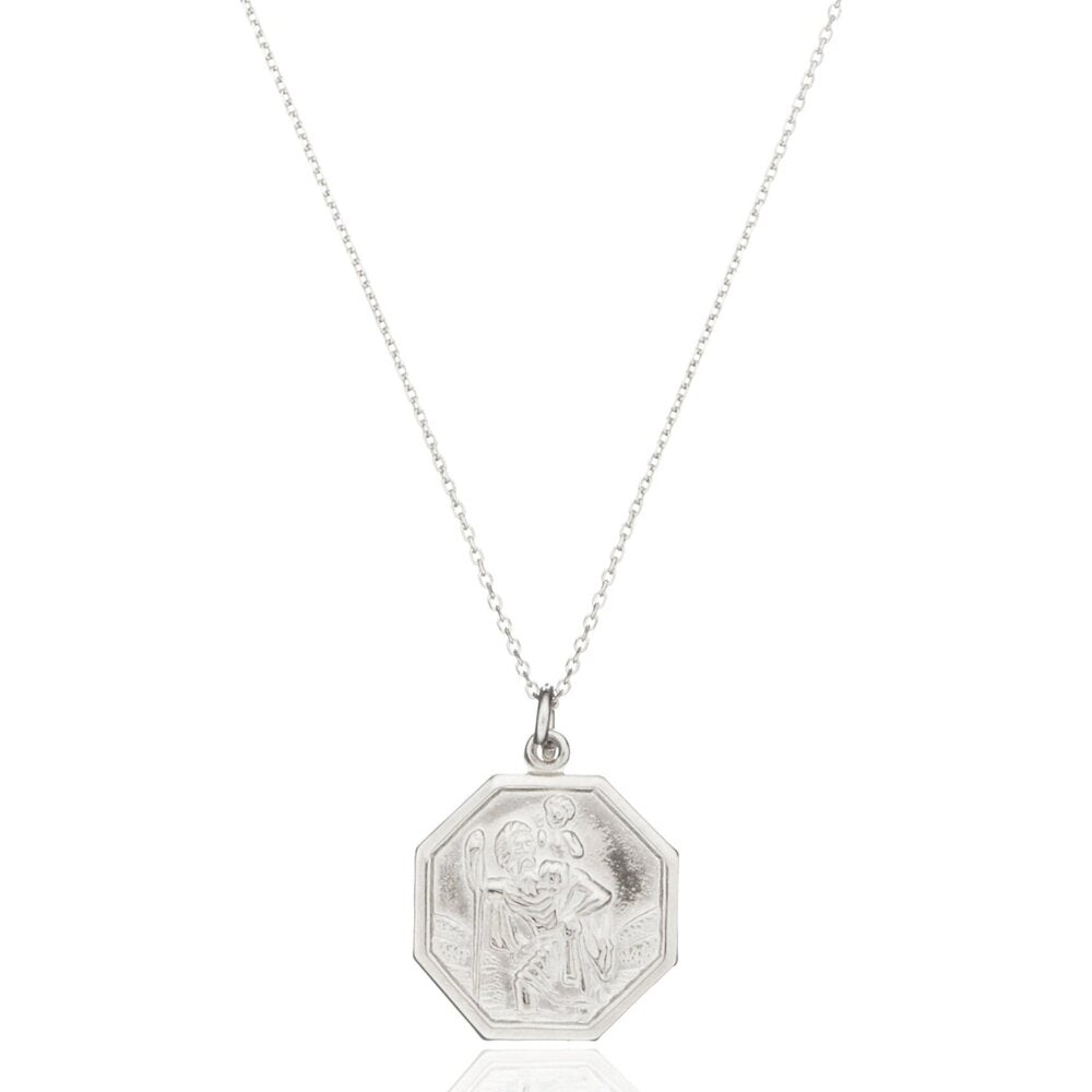 Silver St Christopher Octagonal Medallion Necklace