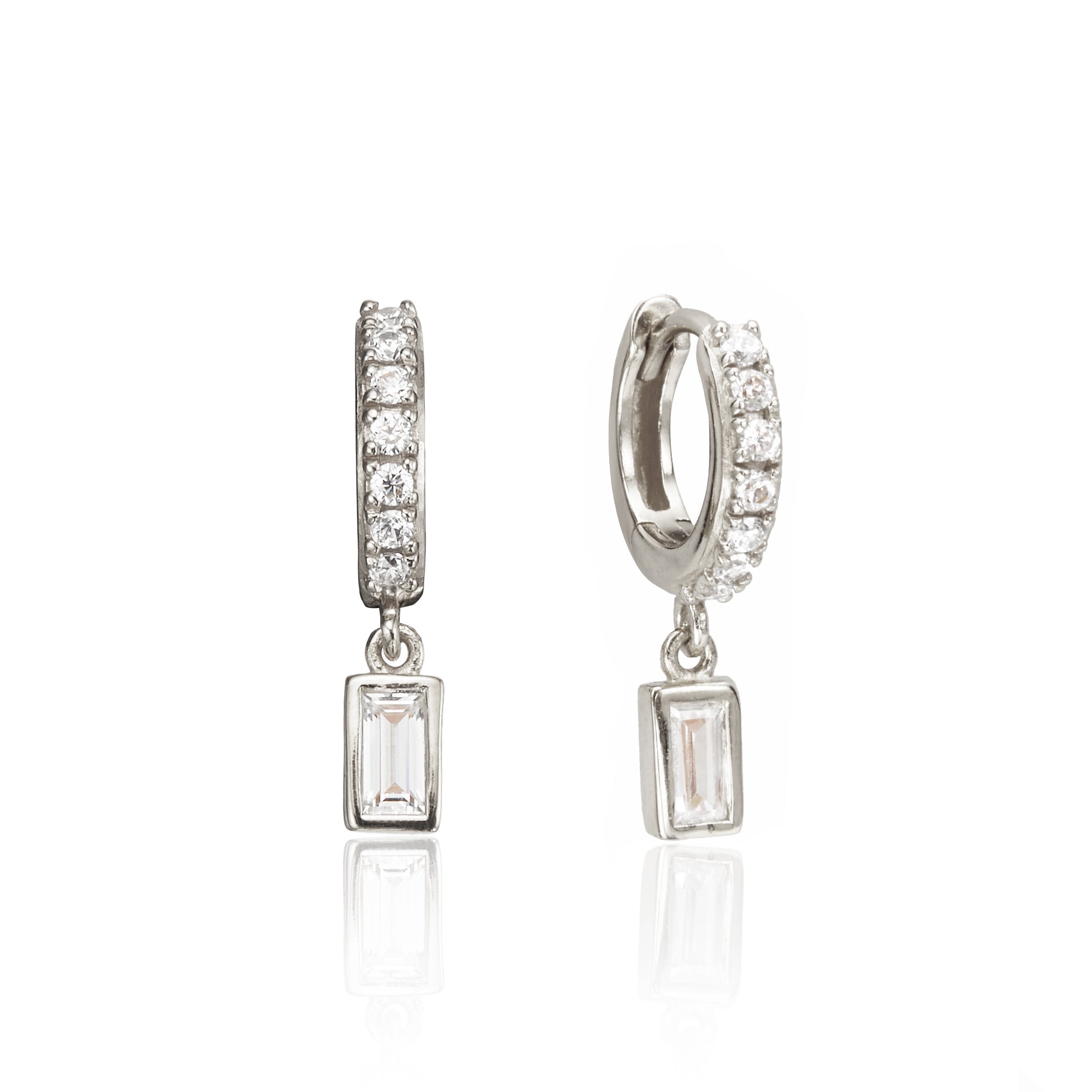 Silver Diamond Style Baguette Drop Huggie Hoop Earrings