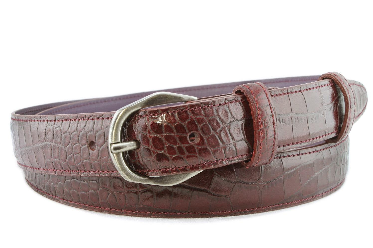 Download Burgundy narrow mock croc belt with satin gunmetal buckle | Elliot Rhodes