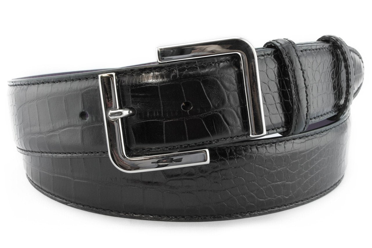Download Men's black mock crocodile leather belt with silver viewfinder buckle | Elliot Rhodes
