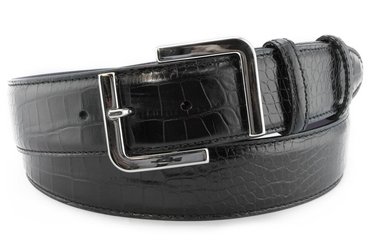 Download Men's black mock crocodile leather belt with silver ...