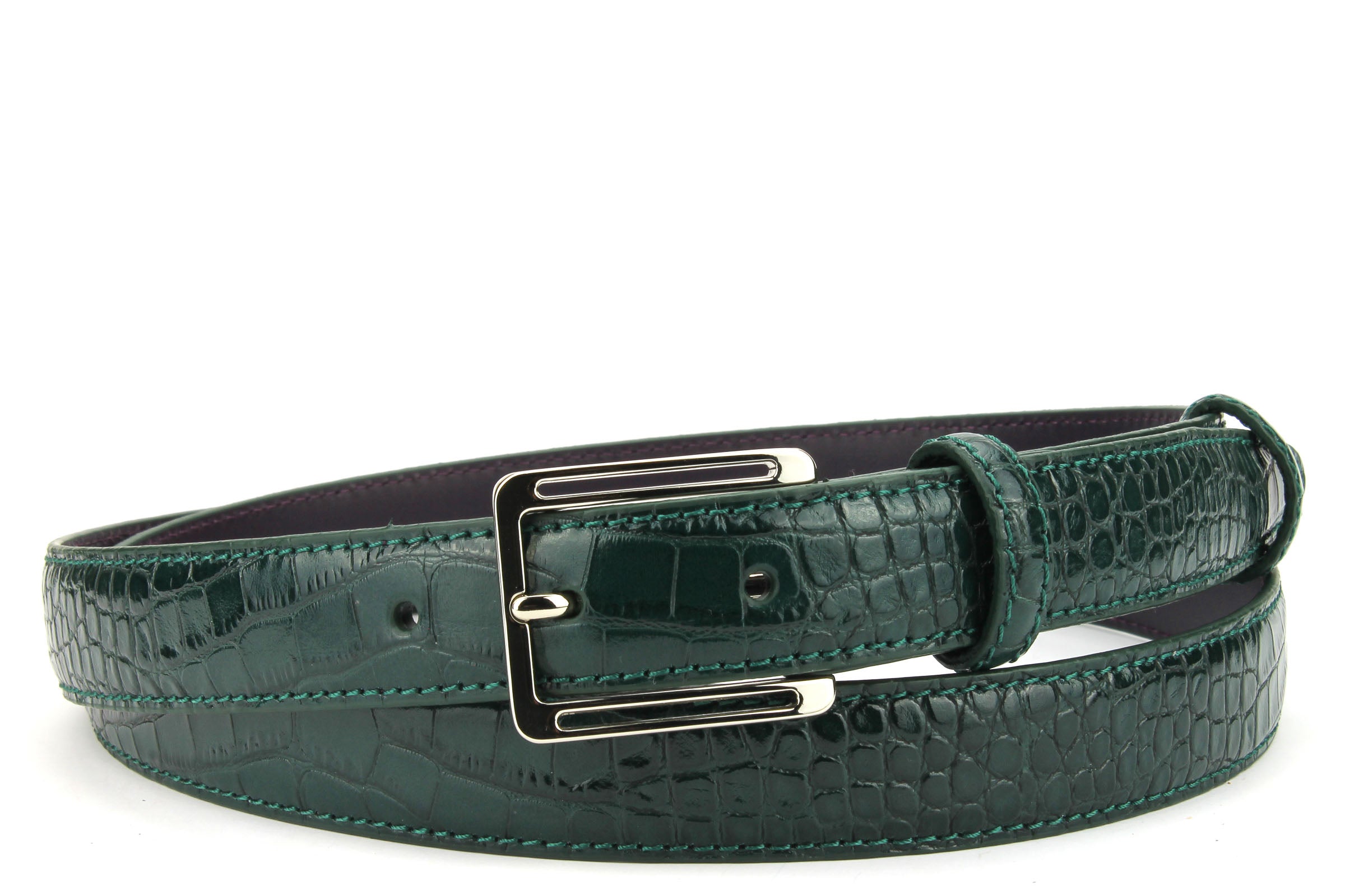 Skinny dark green mock croc belt with 