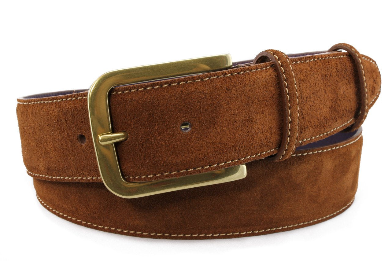 Tan men&#39;s suede belt with gold rectangular buckle | Elliot Rhodes