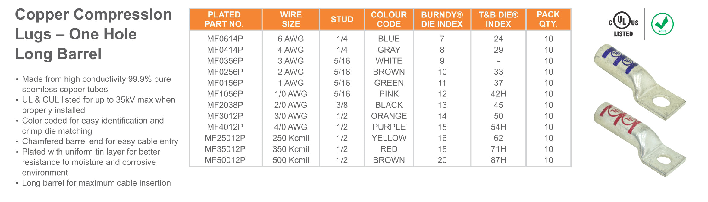 Copper Compression Lugs - One Hole Long Barrel