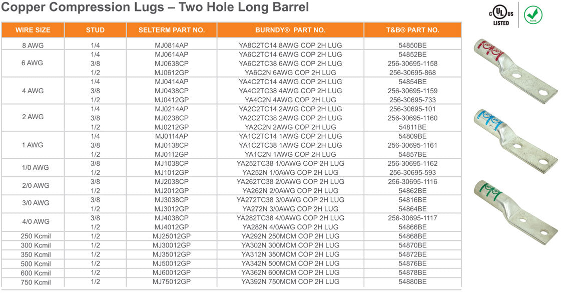 Copper Compression Lugs - Two Hole Long Barrel