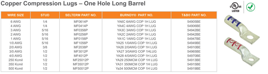 Copper Compression Lugs - One Hole Long Barrel