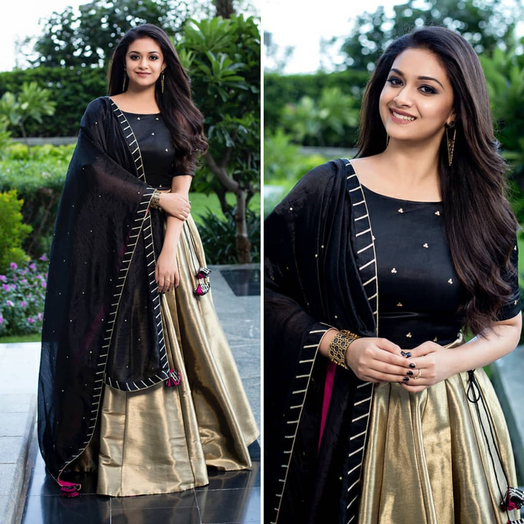 Keerthi Suresh Gold And Black Lehenga Choli With Moti Work Dupatta-Fas – FashionRazor