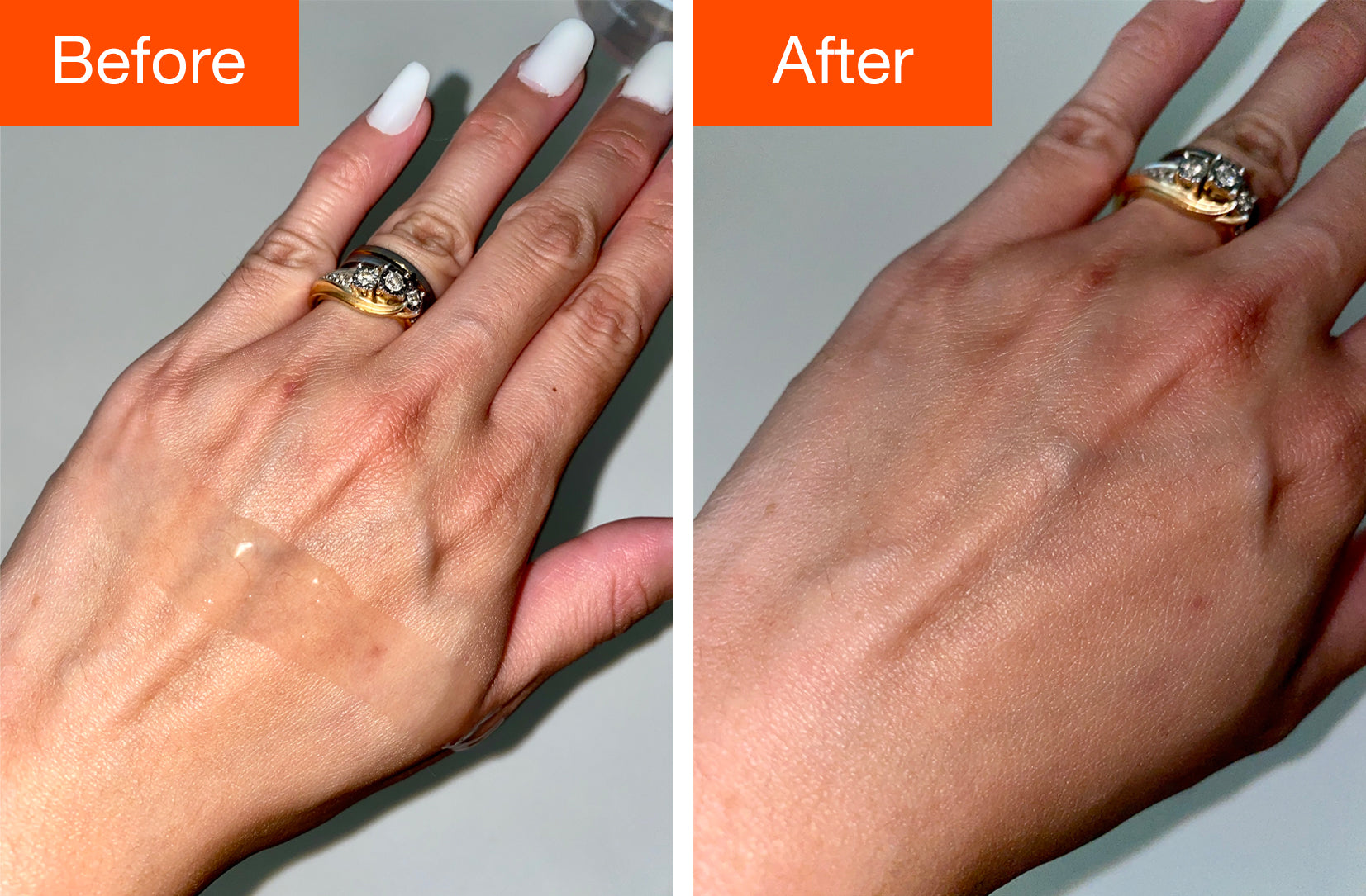 before and after hand sanitizer texture on hand