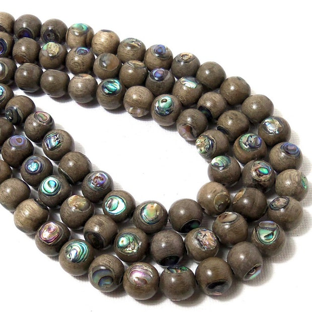 Graywood Beads with Abalone Shell Inlay Round 10mm (8-Inch Strand)