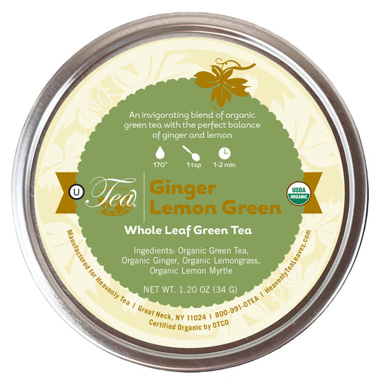 Brew La La Organic Green Tea - Natural Ginger Lemon Flavor - 50 Tea Bag Tin  - Low Caffeine Tea - USDA Certified Organic