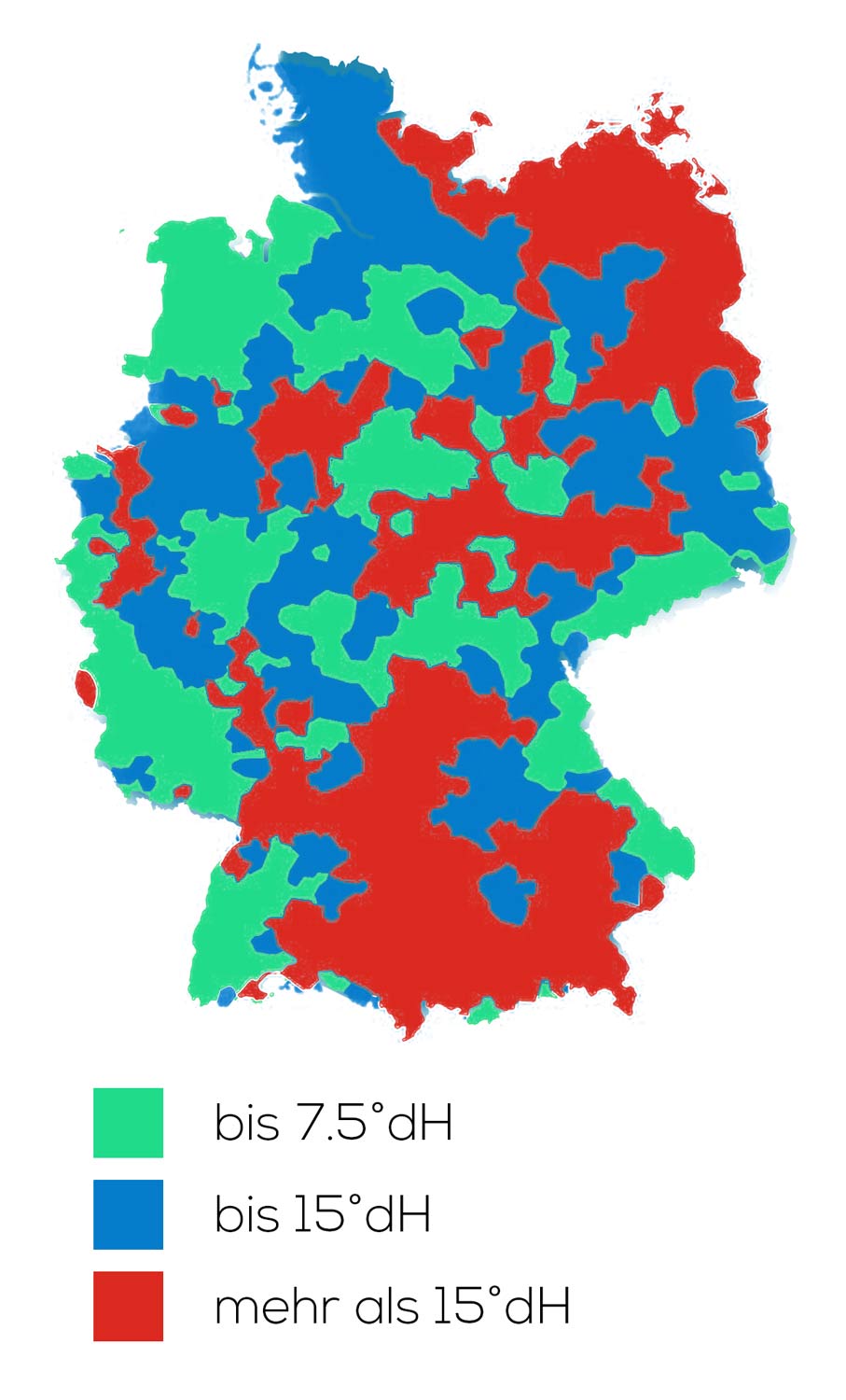 Eine Karte mit verschiedenen Wasserhärte Graden in Deutschland