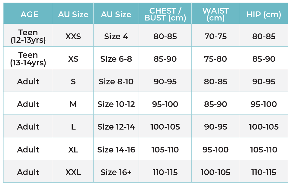 Adult pyjamas size chart