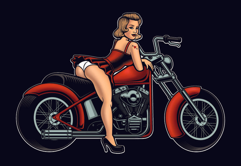 Dessin femme blonde vintage sexy sur son Bike