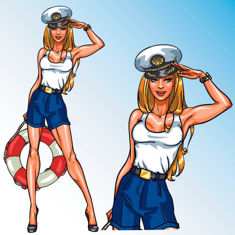 Dessin vintage style marin, d'une femme sailor, capitaine de bord, qui tient une bouée