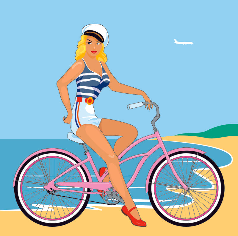 Dessin rétro fille et bicyclette en bord de mer