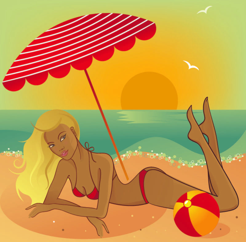 Dessin art d'une ravissante femme blonde en maillot de bain au bord de la mer, avec un parasol et balle de jeux